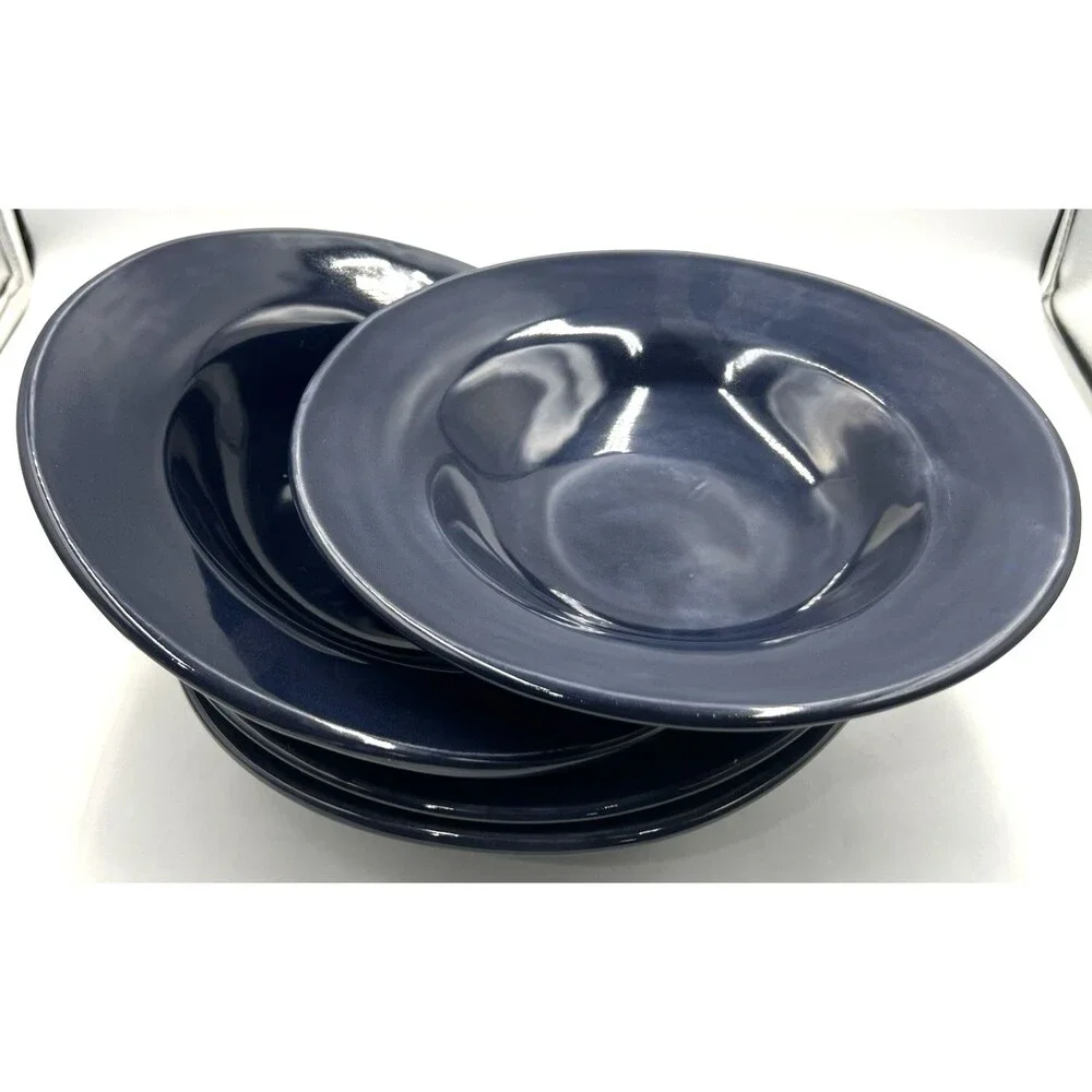 4 Large Rim Soup Pasta Bowls Pottery Barn Sausalito Sapphire Blue 10